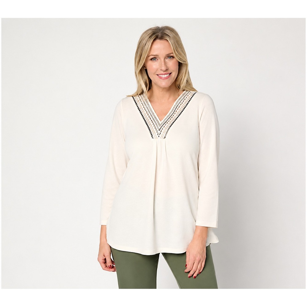 Denim & Co. Beach Petite Knit Gauze Embroidered V-Neck Tunic Natural, Petite Med
